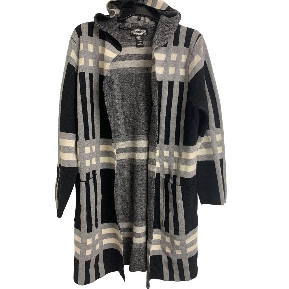 Oliver O M Knit Hooded Plaid Colorblock Cardigan Sweater Fall Winter